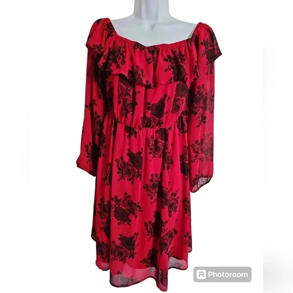 Torrid Red Black Rose Floral Chiffon Dress 0 Romantic Goth Dark Look - Picture 2 of 8